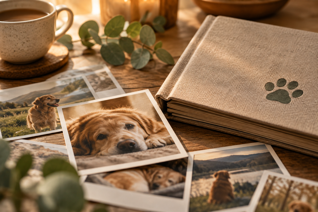 Photographs and keepsakes preserving memories of a beloved dog