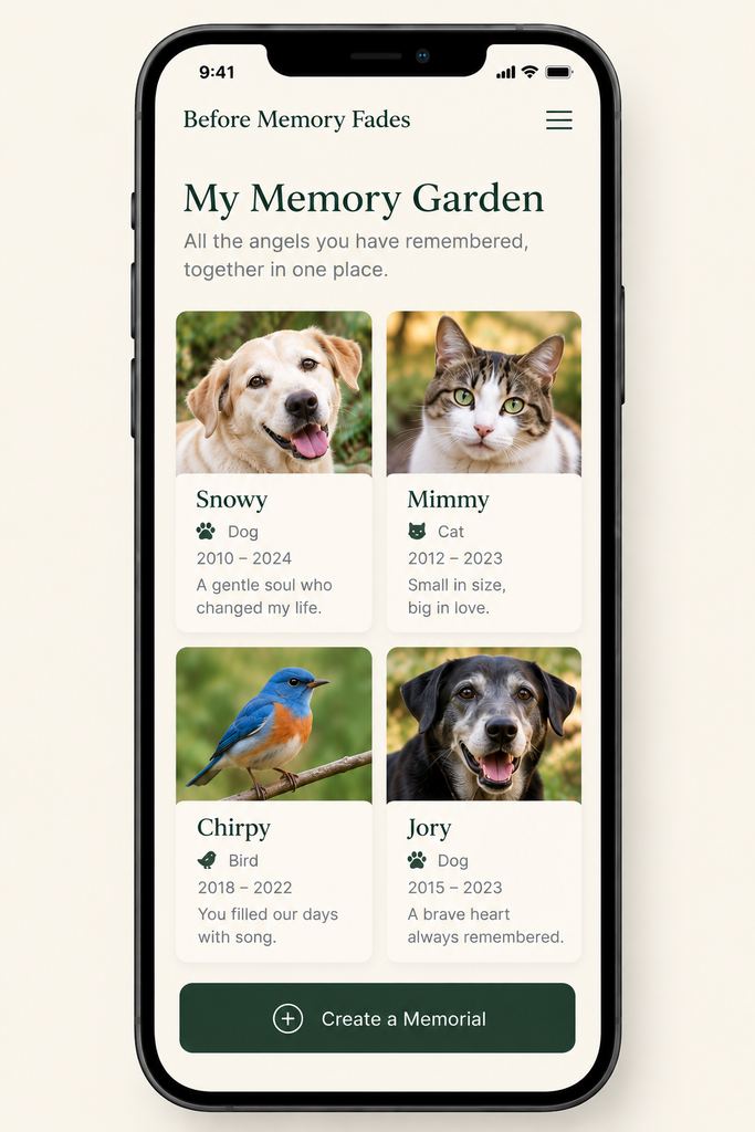 Example of a Before Memory Fades Memory Garden on mobile