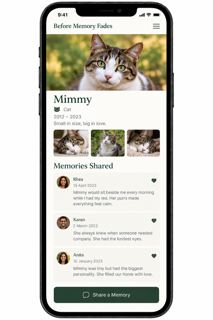 Example of memories shared on a Before Memory Fades Memorial
